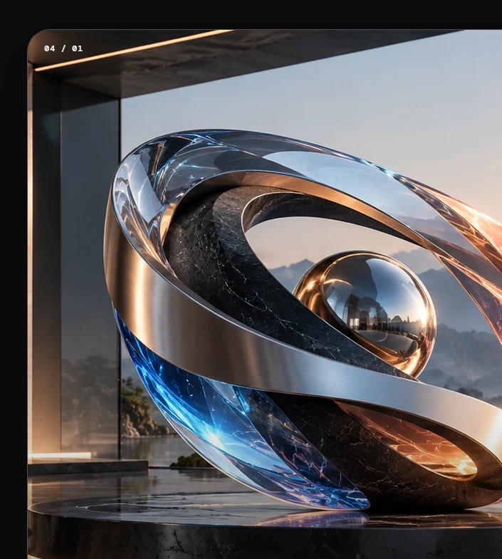 Abstract premium 3D object made from glass, metal and dark stone in a cinematic gallery