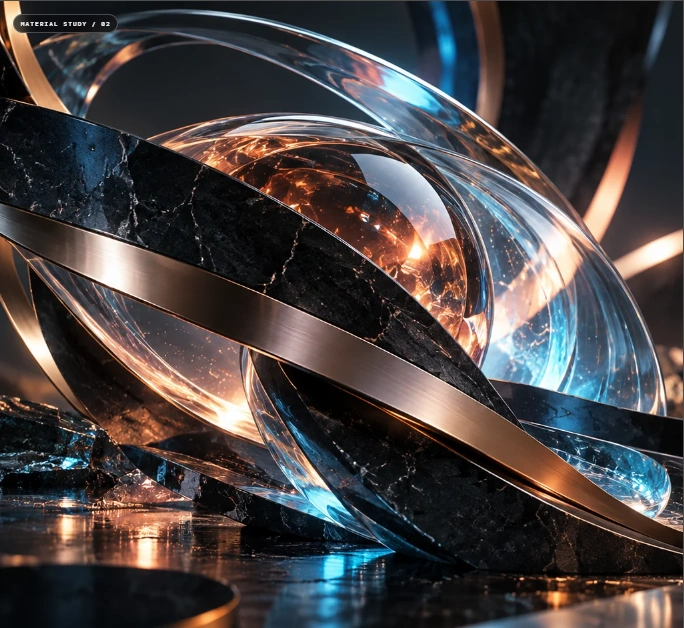 Close-up abstract 3D material study with glass, metal and stone ribbons